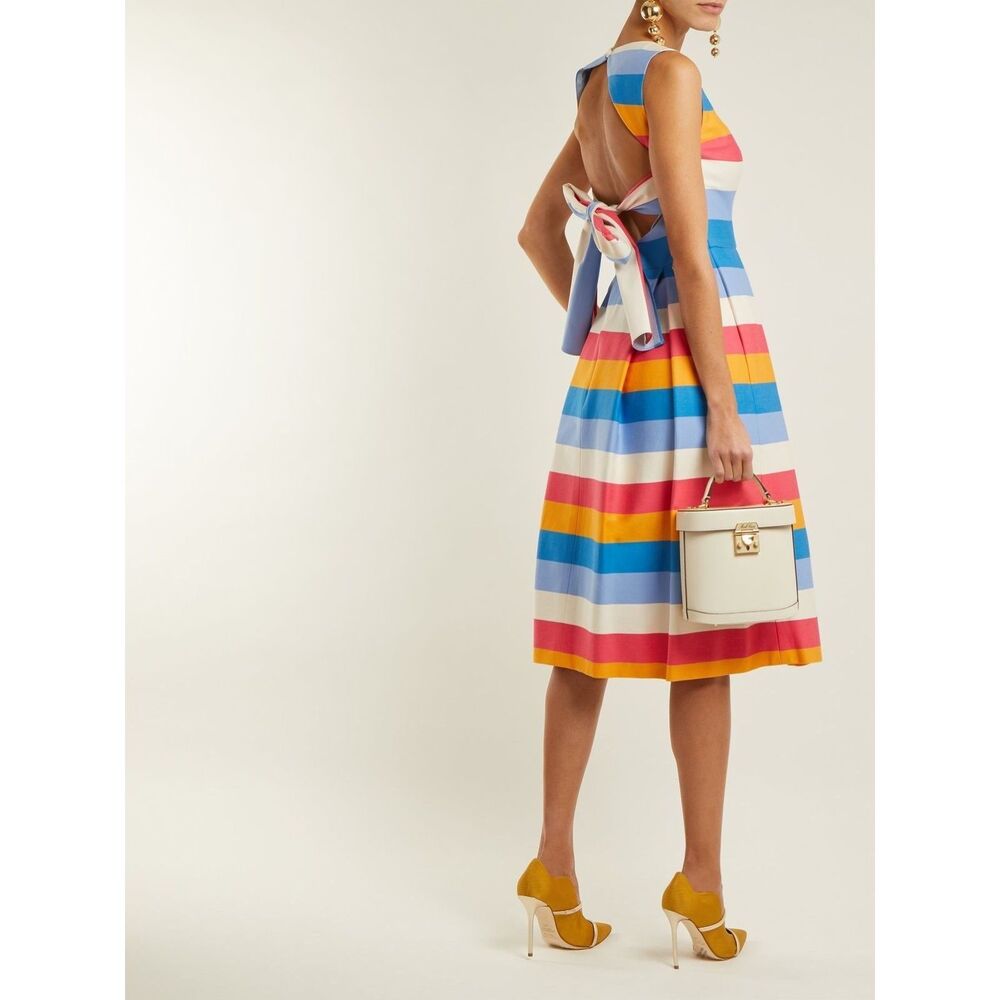 RUNWAY $2590 Carolina Herrera tie-back striped cotton-blend midi dress Sz 12 - Picture 3 of 10